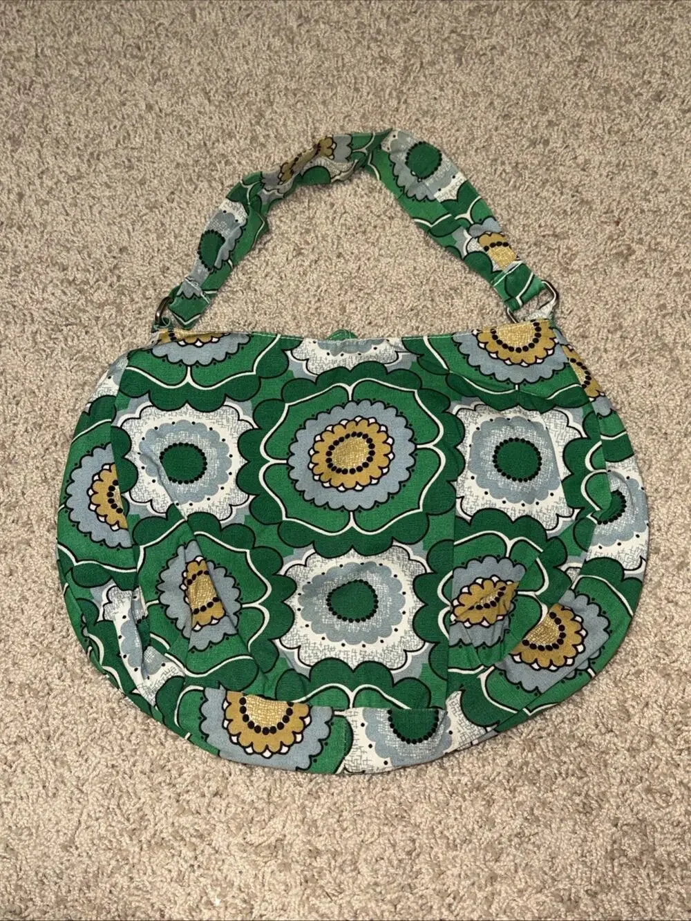 Vintage Green Yellow Blue Flower Handbag Tote Purse EUC
